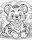 Placeholder: create a 2d black outline, "safari smiling cartoon baby tiger coloring book for toddlers", coloring page, low details design, black contour, coloring page design, simple background, colorful , card style, coloring page for kids, white background, sketch style, safari landscape, cartoon style