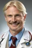 Placeholder: Mid-thirties, Caucasian male doctor, kind smile, blonde hair (slightly disheveled) thick blonde mustache, pale blue eyes, broad shoulders, muscular, six foot, Hawaiian shirt under white lab coat (with blood stains around the edges) , Strong Jaw line, encroaching shadowy tendrils,stethoscope draped around neck, photo realistic