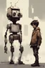 Placeholder: boy & humaniform robots, factory, cyberpunk, dystopia, by Florian Nicolle