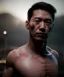 Placeholder: Ultra realistic photographic night portrait, cinematic, naked, young, Asian, all shaved <strong man> <hanging wires> many wires connected to the head <perfect pupil> <cyborg> <garage> <long shot view> <sci-fi futuristic> <thriller>, fog, soft color, highly detailed, unreal engine 5, ray tracing, RTX, lumen lighting, ultra detail, volumetric lighting, high definition.