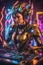 Placeholder: Photography excellence Beautiful woman as Dj player with body mecha|full armor|organ|mystery|runes|neon|light, imbalances, mutations, anomalies, natural beauty, sound system background, warm color grading, soft focus, depth of field, 8k photo, HDR, professional lighting, taken with Canon EOS R5, 75mm lens, natural beauty