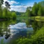 Placeholder: Paisaje con un lago y mucha vegetacion q se refleja en el lago. Un cielo celeste dia soledo y montañas de fondo