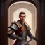 Placeholder: close up portrait of handsome man in front dark wooden door, shiny fork and knifes on dinner table with cloth, fantasy art book cover