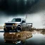 Placeholder: hyperrealistic shot, muddy fast moving 4x4 truck, monotone color palette, sharp focus, puddle reflec1tion, tire mud splashes, refraction, mist on the horizon, thunder and lightning, overcast shadow, detailed and intricate, cinematic composition, 8k, micro, tilt shift photography, bokeh