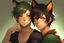 Placeholder: A young adult male with messy black hair, gold eyes, black cat ears, realistic, slight smile hugging a young adult female with short red hair, dark green eyes, large orange fox ears on top of her head, slight smile, pale skin, realistic