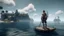 Placeholder: A survivor man on sea shore of an Island on a raft, graphics quality unreal engine
