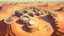 Placeholder: desert city from above, wind generators, retro futuristic, comic style