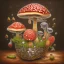 Placeholder: large Amanita muscaria mushrooms in a silver basket , Patchwork art