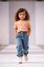 Placeholder: 2 years old beautiful baby blue eyes girl fashion model in loose pants and loose top with curvy wavy hair ,cat walks in runway,catwalk and pose at end with cute