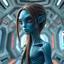 Placeholder: An androgynous blue humanoid alien with long brown hair and red eyes, intricately detailed, standing in a futuristic room