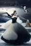 Placeholder: A human princess in a ball gown, dancing with a penguin, while in Antarctica while it storms in the background