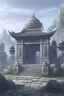 Placeholder: Stone temple structure with spherical theme. Big details. European. No hard shapes. Carved in mountain, big gate leading into mountain. Style: nintendo, concept art. Mood: foggy, desaturated