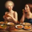 Placeholder: A girl eating a meal with her older lover who is having an erection