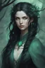Placeholder: Young beautiful female Hexblood Warlock, long dark brown-black hair styled in elegant half-braids, glowing pale emerald-green eyes, delicate facial features. Thin twisted black thorn-like branches grow naturally from one side of her head, weaving seamlessly through her hair like an eerie crown, with tiny dark leaves and vine-like roots blending into her scalp. Faint dark vine markings trail along her neck and collarbone. Dark fantasy, realistic, cinematic, highly detailed.