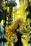 Placeholder: bizarre surreal arafed art, (((heavily stylized Rapunzel))) inside an urban vector tower made of glass columns and dark perpendiculars, (((no facial details))), black revert facial silhouette, demonic yellow slit eyes, fuzzy interlocking untamed hair, long glowing blonde hair like a golden waterfall sweeping into a massive vertical pillar, deconstruct aesthetic, spindle shock, elegant Art Nouveau features with Klimt gold leaf textures, warm yellow orange beige and amber light reflections, abstra
