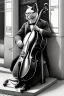 Placeholder: One single mature cat playing contrabass on the street, Vienna, thoughtful, mourning, model style, hyper realistic, extremely accurate, delicate, extremely detailed, Graphic novel style, wide-angle, open aperture, superfine pencil