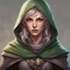 Placeholder: dungeons and dragons; portrait; solid background; half elf; female; thief; cloak; mischief; ash colored hair; green eyes