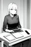 Placeholder: thin hacker girl use a laptop on a table sitting in a cafe, line arts, greyscale