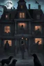 Placeholder: full of black dogs inside ghost house , night, misty, blue moon