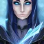 Placeholder: dungeons and dragons character, female half-elven sorcerer wearing a dark blue dress with long black hair, dark blue eyes, and mysterious facial expression, smiling, beautiful, close-up, realistic