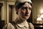 Placeholder: ww1 crying maid talking close-up standing up looking to the camera, ww1 mansion room background