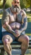 Placeholder: full body shot photography of a tanned ugly chubby sicilian burly chubby man 52 years old, tattoo, shaved hairs, long beard, stained undershirt, grey boxer, manly chest, relaxing sitting on a bench in a public park, outstretched arms, sunlight, photorealistic , relaxed eyes, ultra detailed, Canon EOS, 35mm lens, ground view, view from below