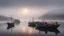 Placeholder: Painted fishermen’s boats anchored in a harbour in the Faroe Islands near a fishing village, fishermen putting fishing nets on their boats, peaceful, mist in the distance over the calm sea, early morning, sunrise, beautiful romantic photograph, excellent composition, atmospheric, realistic