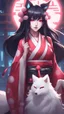 Placeholder: A close hot picture of Ahri with black hair and Japanese Clothes and nine White fox tail with neon glowing in fantasy world