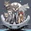 Placeholder: front in picture an of little dark brown catlike creature with big ears, big eyes stands medium close and looking an anthropomorphic wolf couple sitting on the spaceship's ramp close together, the pale gray body hair female wolf sits behind strong male wolf and touths one paw on the dark gray body hair man wolf's shoulder, raini day, on ramp a little piece of meat lies down, high contrast, high detalied, high realistic, in background detail of an angular spaceship visible. Rain, 3d realistic art