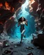 Placeholder: make a picture pretty cifi cave made of crystal and metallic 3d fractal recursive cubic and sphere base structures and a beautiful fashion model lady with cute,curvy long hair,makeup, in pretty sports suit is running inside cave ,dynamic camera fallow her inside cave capturing full body, dynamic lights.