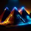 Placeholder: the Egyptian 3 pyramids,4k,from 40 thousands years ago in high technology like new as was in that time,unreal lighting, volumetric lighting, high contrasts, sharp focus, stained glass art, neon glowing lights.