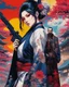 Placeholder: comic anime Japanese art featuring a geiko Yakuza Girl holding a gun and mafia yakuza man in traditional japanese attire with modern or futuristic elements, set against a vibrant colors and detailed background that blends cultural motifs with imaginative design Japanese comic anime art style