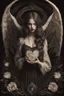 Placeholder: Wizard vintage girl with heart in her hands, half demon and half angel, dark tones half and high lighting half,