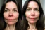 Placeholder: A selfie of a brunette woman, middle long hair, showing a 39-year-old European woman. She has white skin, tousled brown hair, face without makeup, big round dark brown eyes, cute nose, detailed full lips, skin texture. Split screen and show the same face but 15 years older