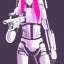 Placeholder: cute cyborg, white and pink hair, sexy, with a laset gun, under an alien moon, misty, realistic, style of ghost in the shell