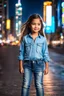 Placeholder: Little 8 years old beautiful girl perfect face,1girl wearing a pretty shirt and jean pant, standing pose,modern city ,night view