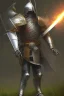 Placeholder: medieval knight walking dramatically toward the viewer, sword in hand. A skeleton on his back.Full body image, with no helmet