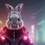 Placeholder: stylized Rabbit, smiling, cyberpunk headphone, sunglass, gangsta gold neckless, full body, magenta puffer jacket, manila city backdrop, dramatic lighting, hyper realistic, unreal engine 5, 16k