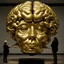 Placeholder: a huge golden inflated sculpture of brain supported by very small beautiful Asian female human bodies,complex surgical instruments,a newborn boy between light and shadow, black background,surrealism, symbolism, minimalism, sculpture by Lucian Freud, Rene Magritte, Salvador Dali