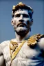 Placeholder: Realistic image, Roman sculpture made in white marble with gold veins, Lionel messi with gold laurel leaves crown, decorative star on the chest, waist up portrait, marble material, gold ornaments, Baroque style, sun rays background, epic, celestial, cinematic lighting, God lights, 4k resolution, smooth details, soft lighting, unreal engine 5, art station, substance 3d.