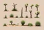 Placeholder: "Isolated concept art of multiple types of alien tree plant on a plain neutral background. Designed for Desert biome – dry, spiky, brittle grass with sharp edges, and pale dusty colors