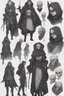 Placeholder: A dnd character sheet. A woman dressed for the cold north dressed in dark furs, with black hair. Death cleric wearing a mask with a skull, female woman girl