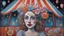 Placeholder: a painting of a woman with flowers on her head, a surrealist painting, cg society contest winner, inside a circus tent, mixed media painting, night outside, acrylic drawing, whimsy, puppet on a string, acryl on canvas, mixed medias, jester themed, large pastel, potrait, dream