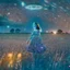 Placeholder: a young woman in a sleeveless dress in a field at night with lots of stars, looking at a UFO