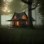 Placeholder: Misty woods, mushroom house, dark morning light