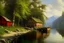 Placeholder: Peder Mork Monsted style, fisher hut with a pier, small boat