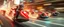 Placeholder: rocket ship scooter cat captain in high speed pursuit among neon rat cyber soldiers, with background motion blur