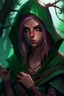 Placeholder: Hooded wood elf, rogue assassin, brown skin, bright green eyes, mauve hair, sneaky, trees, stoner, long bow, black leather straps, disheveled, smoking weed