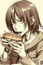 Placeholder: Sketch of Mikasa from attack on titan eating a burger.