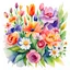 Placeholder: A bouquet of colorful flowers on a white background, a vibrant watercolor floral illustration, bright and cheerful blooms with a mix of roses, tulips, and daisies, surrounded by delicate green leaves, Artwork, watercolor on paper with rich and vivid pigments,